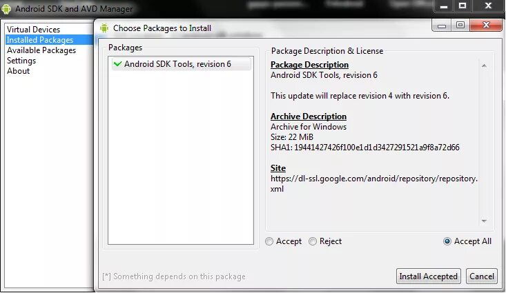 Repository Android. Choose packages to install. Revision Tool. Sdk updates