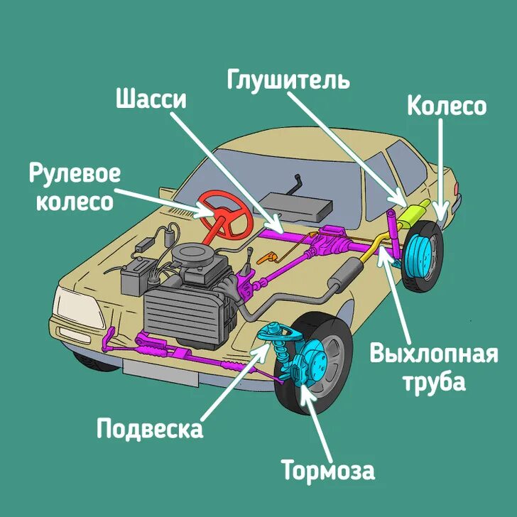 Части автомобиля. Составные части машины. Строение частей автомобиля.