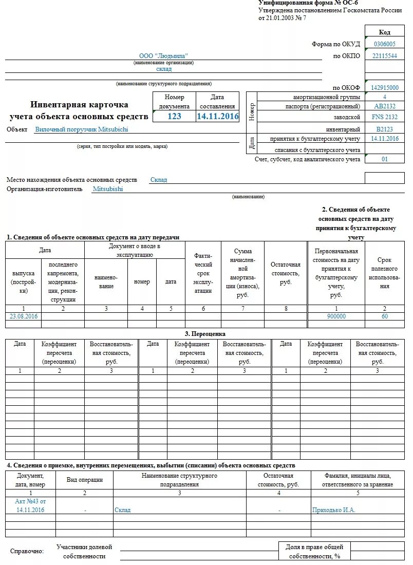 Карточка основного средства образец