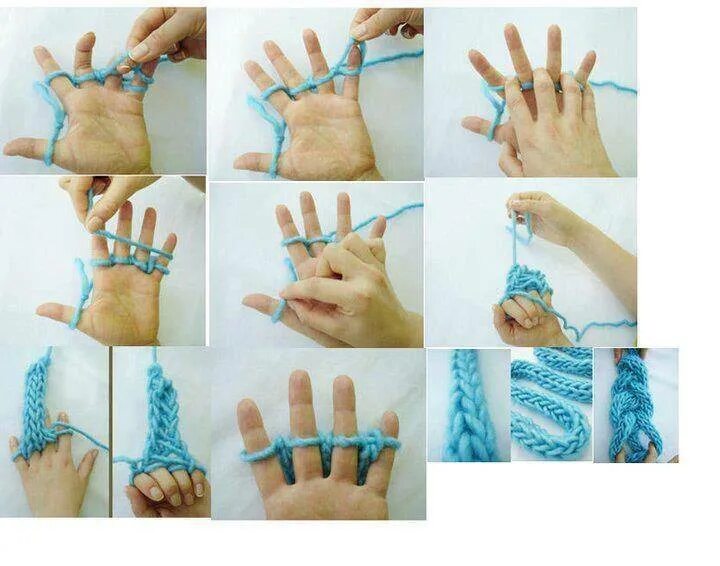 Вязание без спиц и крючка. Плетение пальцами из пряжи. Шарф без спиц и крючка. Вязание руками без спиц. Как вязать без крючка и спиц руками.