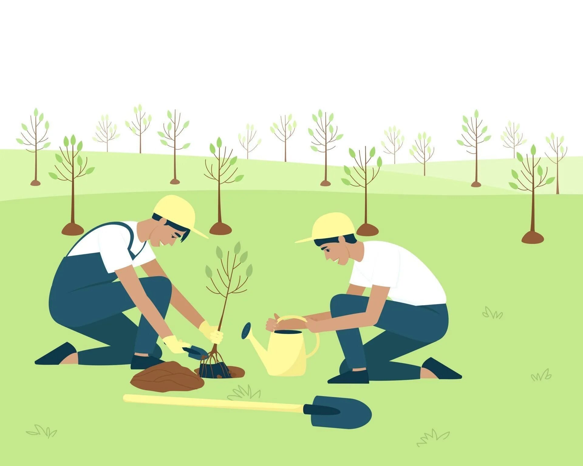 Дети сажают деревья вектор. Reforestation Concept illustration. The gardener planted some