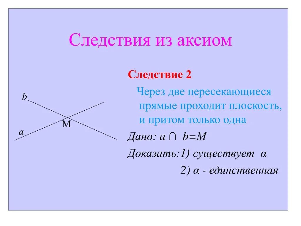 Вторая аксиома. Доказательство 2 следствия из аксиом. Следствие из аксиом через 2 пересекающиеся прямые. Что такое Аксиома и следствие в геометрии. Две пересекающиеся прямые.