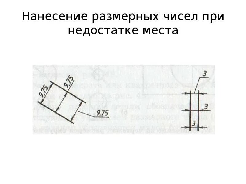 Нанесение размерных чисел. Размерные числа на чертеже. нанесение размеров при недостатке места. правила нанесения размеров на чертежах презентация.