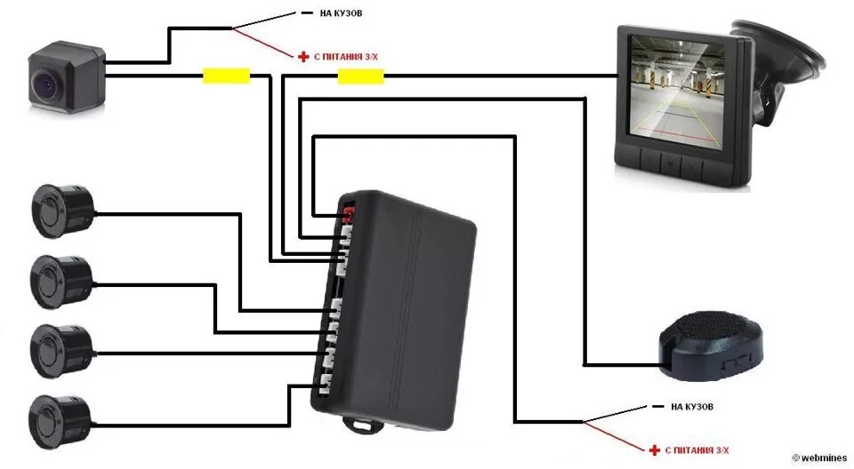 Как подключиться к другому андроиду камеры. Андроид магнитола парктроник 8 датчиков. Парктроники для авто 4 датчика схема подключения.