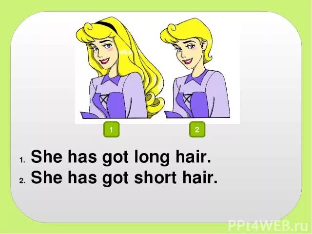 She s got a dark. She has got волосы. She has got long hair. He has she has. He's she's.