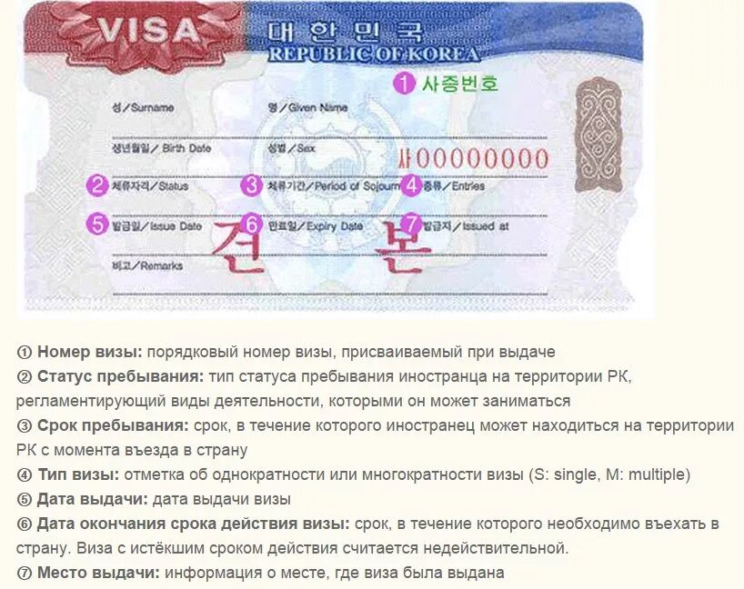Номер и Дата выдачи визы. Срок действия визы. Документы на визу в Корею. Сроки выдачи виз. Продлевают ли визу