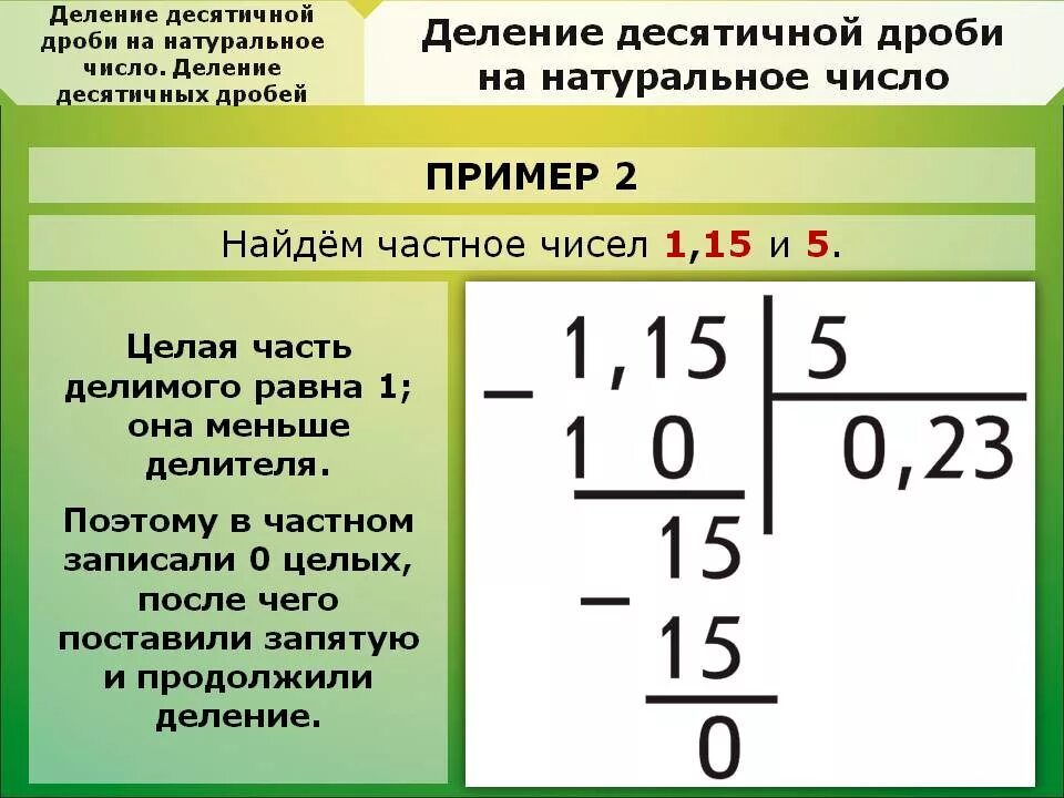 Как разделить целое число на десятичную дробь в столбик. Деление десятичных дробей на натуральное число. Деление числа на десятичную дробь. Деление целого числа на десятичную дробь. Алгоритм деления дроби на натуральное число