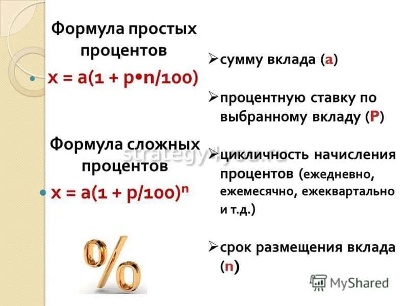 Чем отличаются проценты от процентов. Формула простых и сложных процентов по вкладам. Формула простых процентов и сложных процентов. Формула начисления простых и сложных процентов. Формула расчёта банковского депозита проценты.