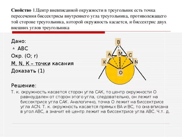 Свойства вневписанной окружности. Центр вневписанной окружности. Теорема о вневписанной окружности. Центр вписанной окружности лежит на биссектрисе.