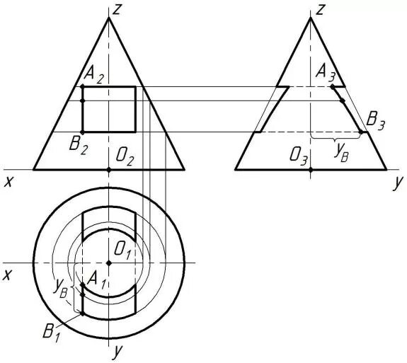 Начертательная геометрия проекция конуса. Пересечение конуса плоскостью Начертательная геометрия. Конус с вырезом Начертательная геометрия. Конус со сквозным отверстием Начертательная геометрия. Вырезы поверхностей