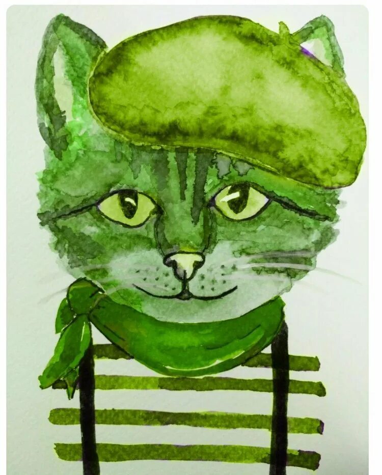 Зеленый кот. Рисунок в зеленых тонах. Кот зеленого цвета. Зеленая окраска кошка.