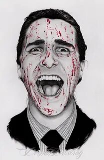 Black and white and red portrait of the lovely Patrick Bateman.