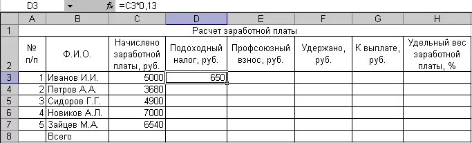 Формула расчета таблицы в 1 с Налог 13 от заработной платы