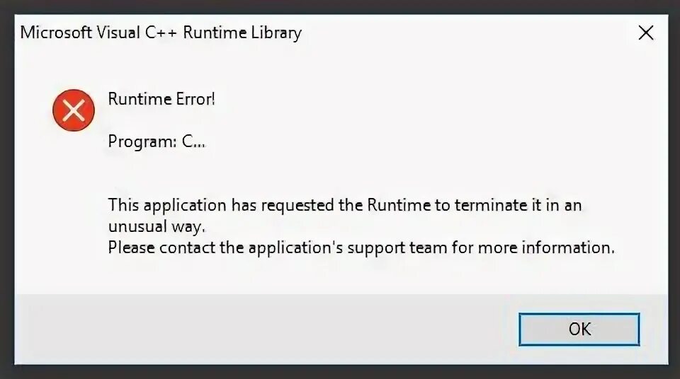 Runtime Error! Program:. Runtime Library Visual c++ ошибка. This application has requested the runtime to terminate it in an unusual way как исправить. Microsoft Visual c++ runtime Library ошибка при запуске ПК.