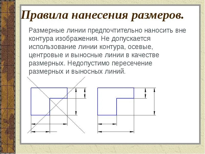 Линия для изображения размерных осевых линий. Нанесение размеров. Пересечение размерных и выносных линий. Размерные и выносные линии. На пересечении каких линий должен