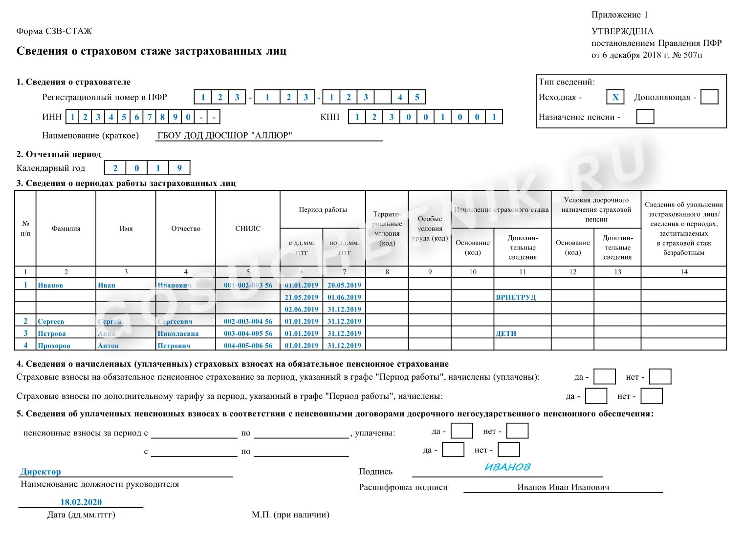 Форма сзв стаж образец