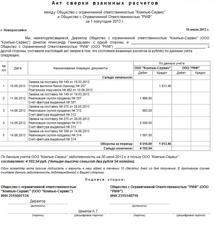 Акт сверки расчетов по налогам