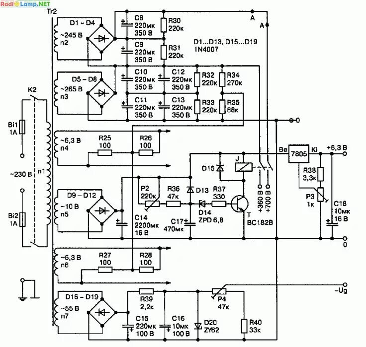 Блок питания лампового усилителя. Схема лампового УМЗЧ дьеря Плахтовича на пентодах 807, г-807. Усилитель мощность на лампе г 807 блок питания схема. Блок питания на ТС 270 для лампового усилителя. БП для лампового усилителя схема.