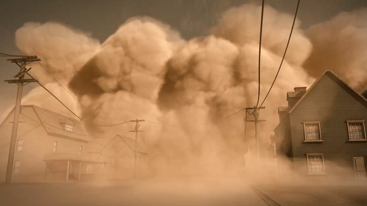 Пыльный город где то. Пыльная буря. Пыль в воздухе. Взрыв пыли. Облако пыли от взрыва.