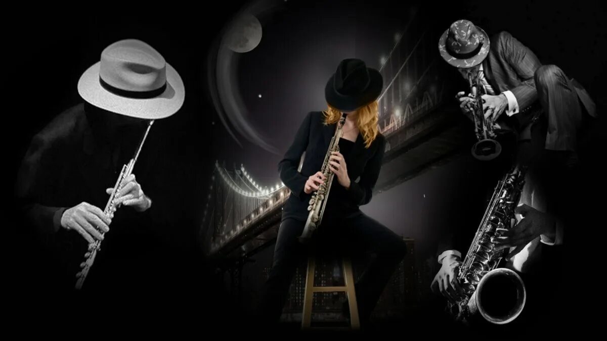 Джаз. Джаз и блюз. Саксофонист в шляпе. Скрипка и саксофон. Танец кларнет