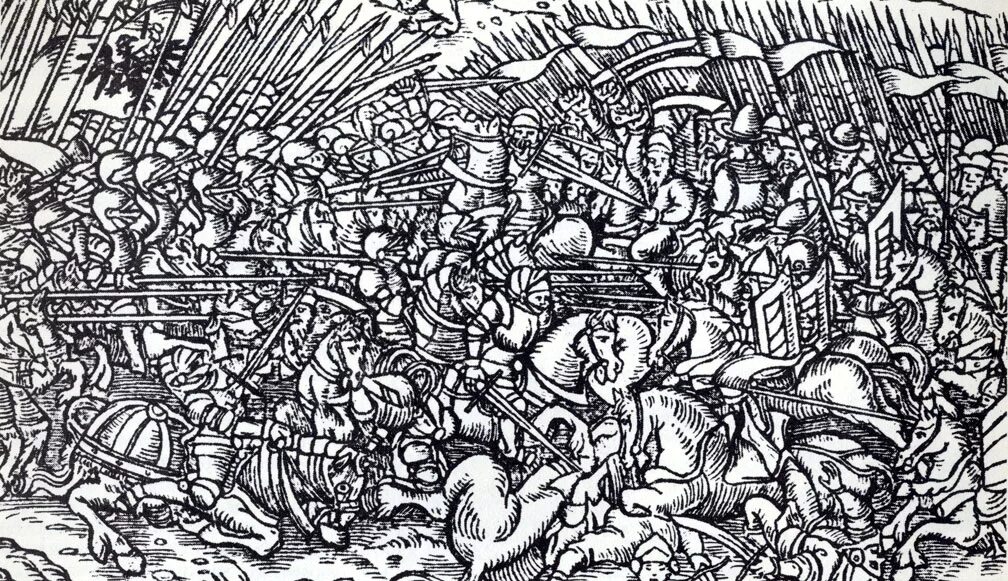 Ландскнехт 17 века гравюра. Гравюра битв. Гравюра битва новгородцев с московитами. Ландскнехты при павии. Битва при чериньоле 1503.