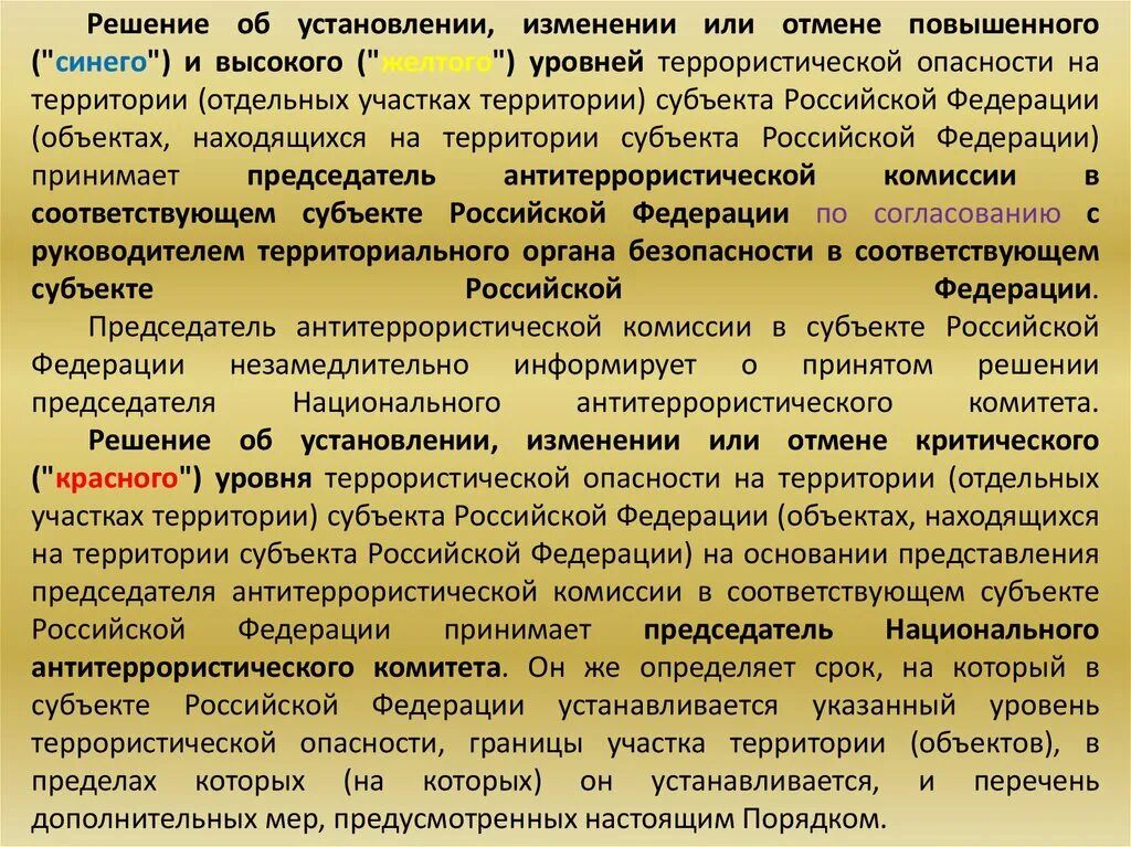 Кто является руководителем атк в субъекте. Уровни террористической опасности. Уровень угрозы на территории РФ. Уровни территории опасности. Степень опасности территории России.