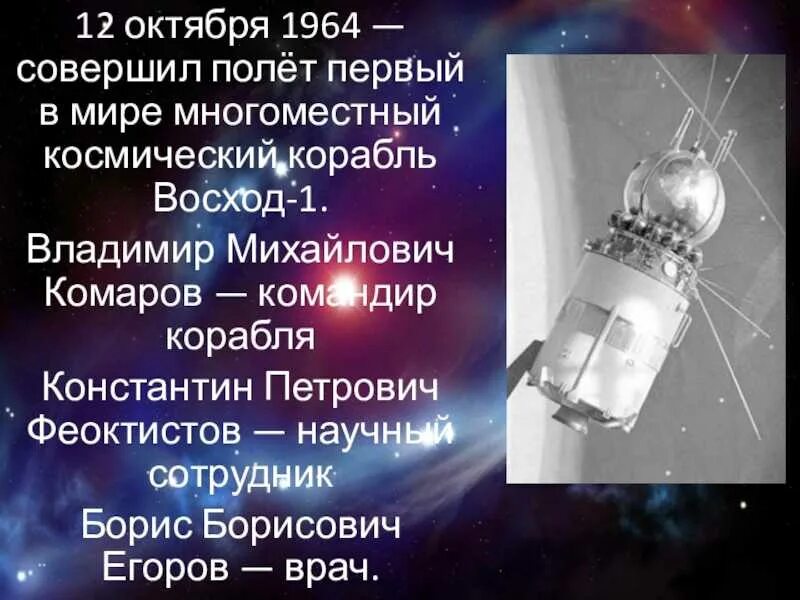 Когда был запущен первый космический. Космический корабль Восход. Восход космический корабль 1964. Многоместный космический корабль Восход. Первый космический корабль Восход 1.