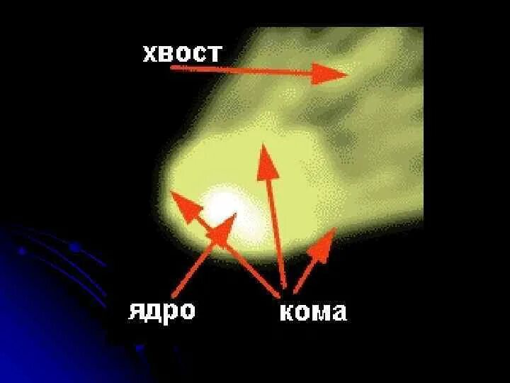 Почему у кометы бывает хвост. Строение астероидов метеоритов и комет. строение кометы. составные части кометы. голова ядро хвост кометы.