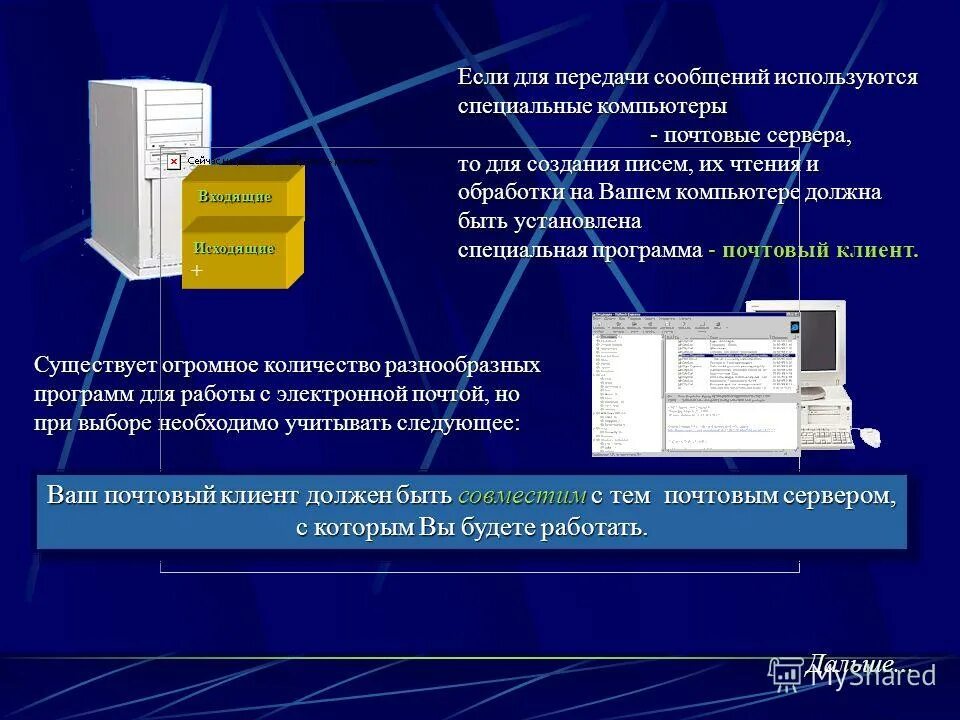 Презентация на тему электронная почта. Программы электронной почты. Почтовый сервер. Софт почтового сервера. Программы почтовый ящик