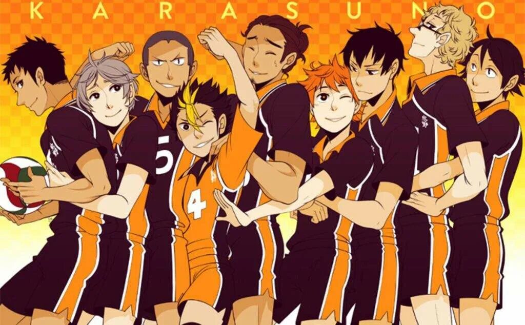 Персонажи волейбола. Карасуно аниме. Волейбол команда Карасуно. Команда Карасуно аниме. Третьегодки Карасуно.