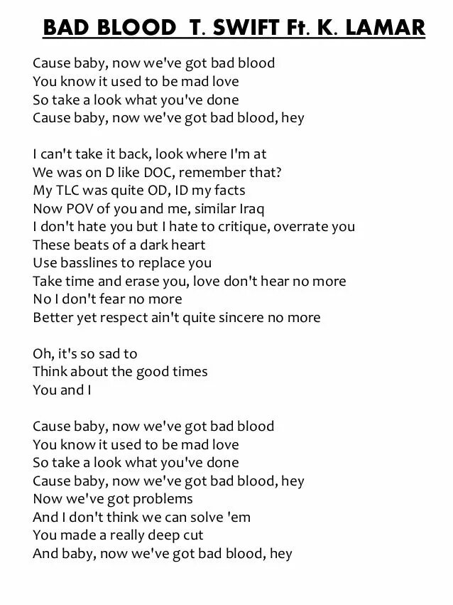 Bad worse перевод на русский. Bad Blood текст. Bad Blood Taylor Swift текст. Taylor Swift feat. Kendrick Lamar - Bad Blood. Текст песни Bad.