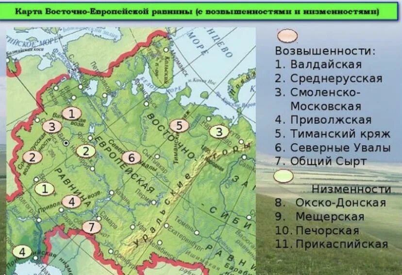 Рельеф россии список 8 класс. Номенклатура Восточно-европейской равнины 8 класс. Рельеф Восточно-европейской равнины карта. Физико географическая карта Восточно европейской равнины. Возвышенности Восточно европейской равнины на карте России.