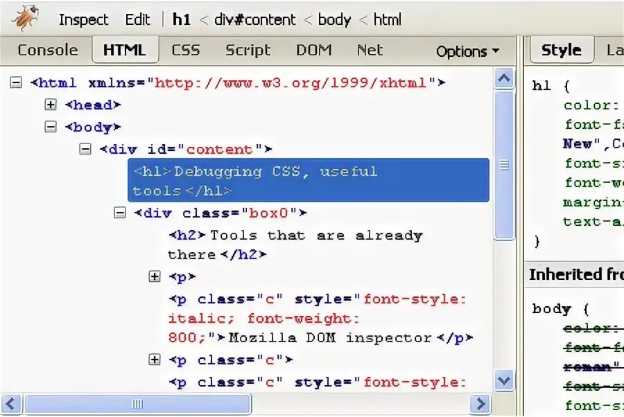 Content html p. Debugging css. inherit css. inspect and edit html live.