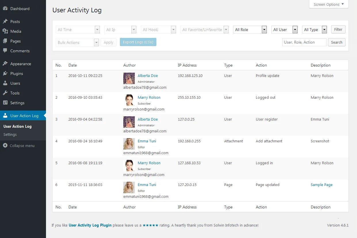 User activity. Media log activity. Tracking log Active. Activity log