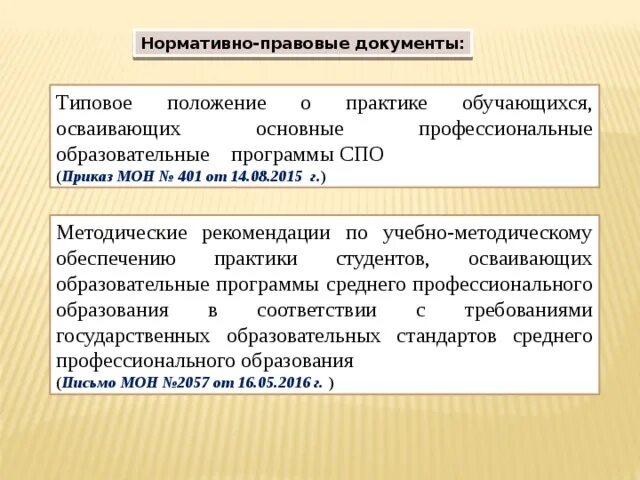 Учебно-методическое обеспечение практики. Нормативные документы СПО. Практики СПО