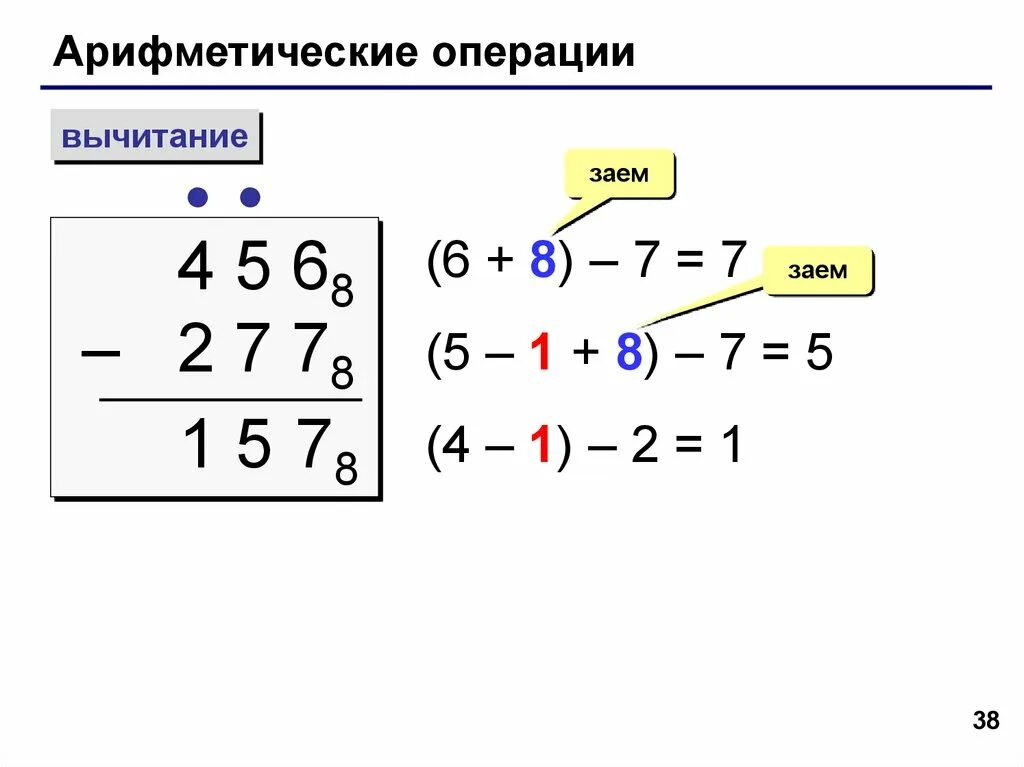 Решение арифметической операции. Арифметические операции вычитание. Вычитание в восьмеричной системе счисления. Арифметические операции в информатике. Арифметические операции в системах счисления.