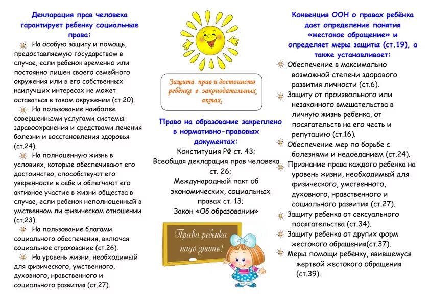 Защита прав и достоинств ребенка в законодательных актах. Памятка родителям по правамребёнка. Брошюры для родителей дошкольников. Обязанности ребенка в детском саду