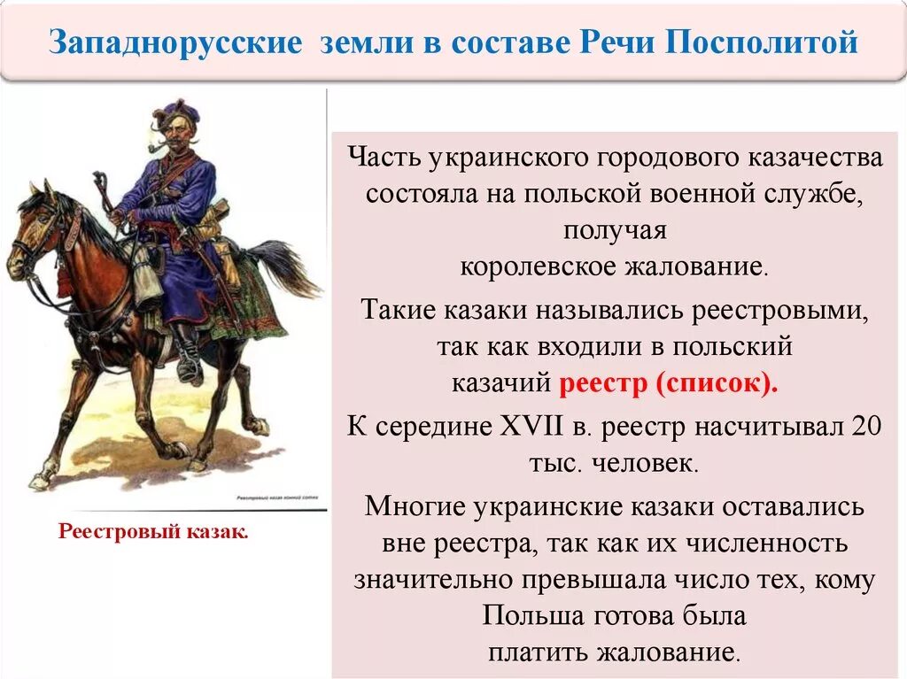 Западнорусские земли в составе речи Посполитой. Западнорусские земли в составе речи Посполитой кратко. Реестровые казаки. Западнорусские земли в составе речи Посполитой кратко 7. Национальный состав и положение населения речи посполитой