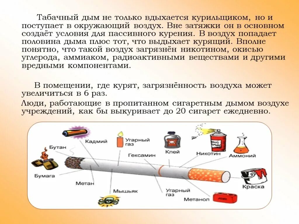 Информационные материалы о вреде потребления табака. Вредное воздействие окружающего табачного дыма. Презентация о вреде курения. Табачный дым ОБЖ.