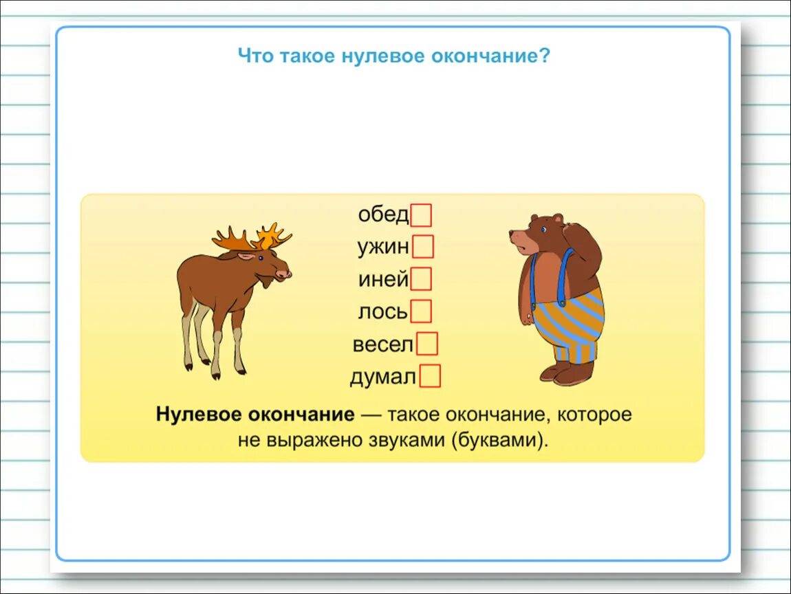 Окончание в слове узнает. Нулевое окончание 2 класс. Окончание Лось. Окончание. Как найти окончание в слове.