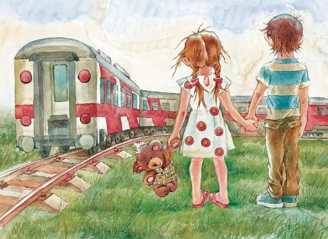 Детство остановите в какие города. Железная дорога для детей. Поезд в детство. Поезд акварель дети. Железная дорога акварель.