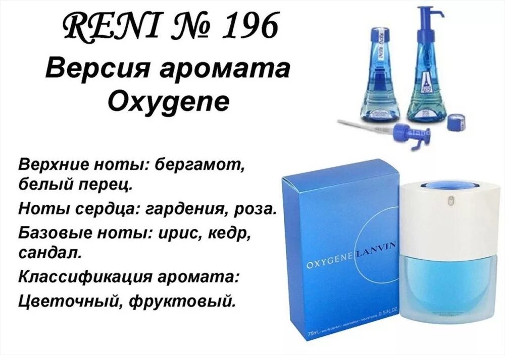 Духи Рени №196. Reni 100мл № 196. Lanvin — Oxygene Рени. Oxygene de Lanvin / Lanvin 196 Рени. Духи на разлив номера и названия