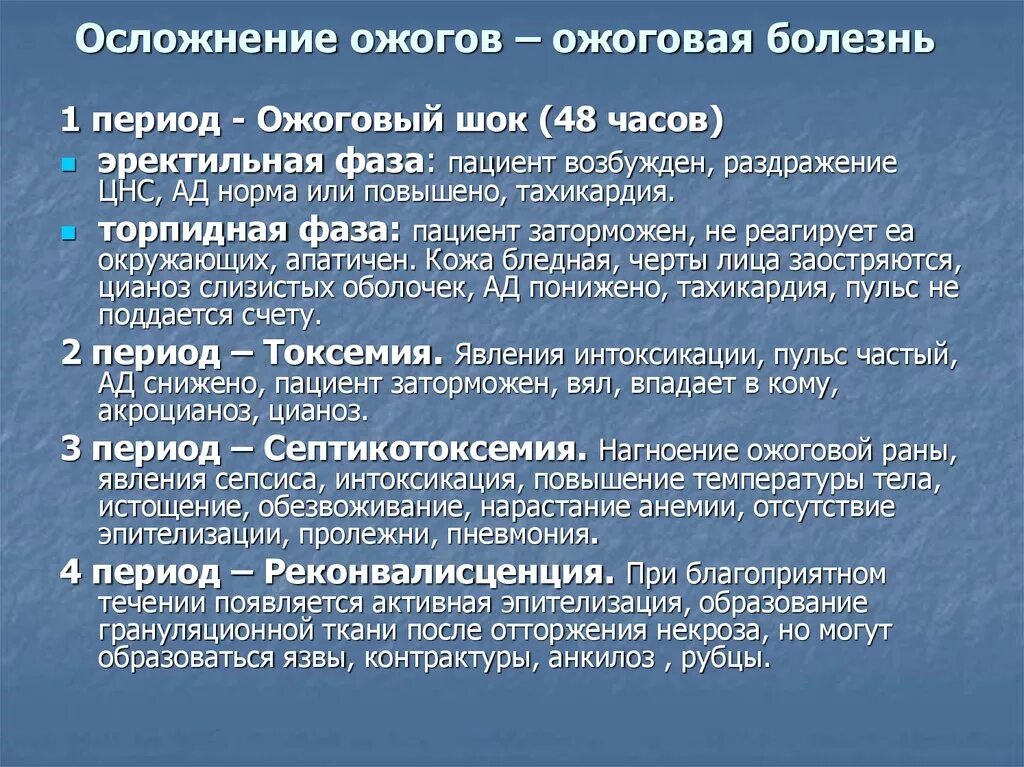 Периоды ожоговой болезни. Осложнения ожоговой болезни. Осложнения термических ожогов. Периоды ожогового шока.