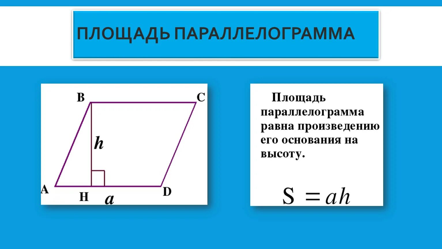 Как найти высоту параллелограмма зная стороны. Площадь параллелограмма. Формула нахождения площади параллелограмма. Площадь параллелограмма через высоту и сторону. Формула площади параллелограмма с доказательством.