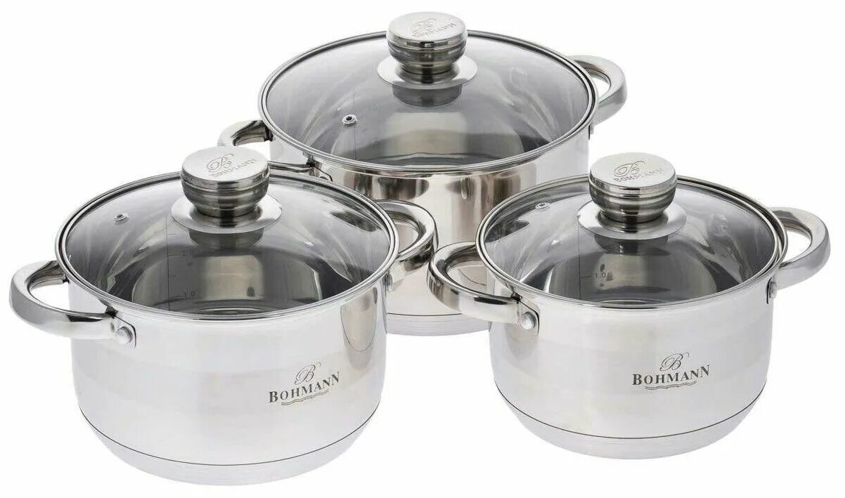 Купить кастрюли отзывы. Набор посуды Bohmann BH-06-275. Набор посуды Bohmann BH-06-375. Набор посуды Bohmann 1908bh/BHG 8 пр.. Набор кастрюль 3шт. "Bohmann" (2.9+3.9+5.1л) (bh06-275).