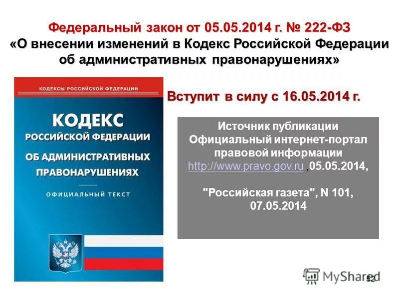 Кодекс РФ об административных правонарушениях. Федеральный кодекс РФ. Источники официального опубликования федеральных законов. 222 ФЗ.