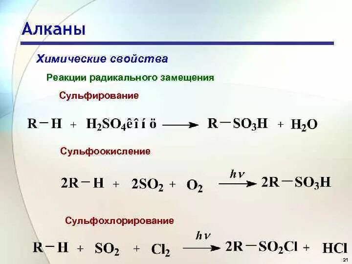 Алканы примеры реакций. Реакция сульфирования алканов. Механизм сульфоокисления алканов. Реакции радикального замещения в алканах. Механизм радикального замещения в алканах.