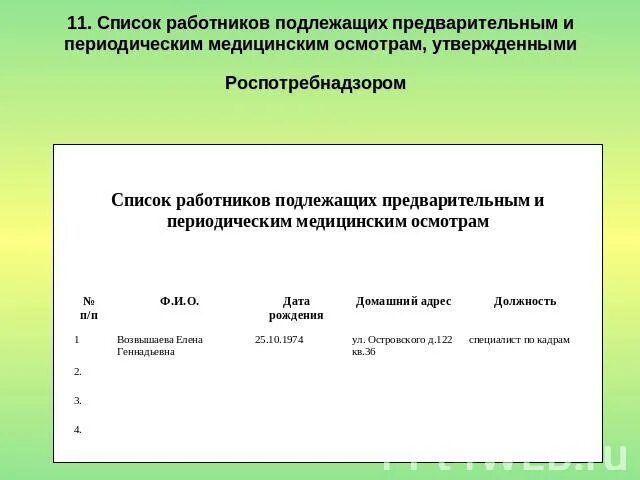 Список работников, подлежащих периодическим осмотрам. Список работников подлежащих медицинскому осмотру. Перечень должностей подлежащих периодическому медицинскому осмотру. Подлежащих предварительному и периодическому медицинскому осмотр.