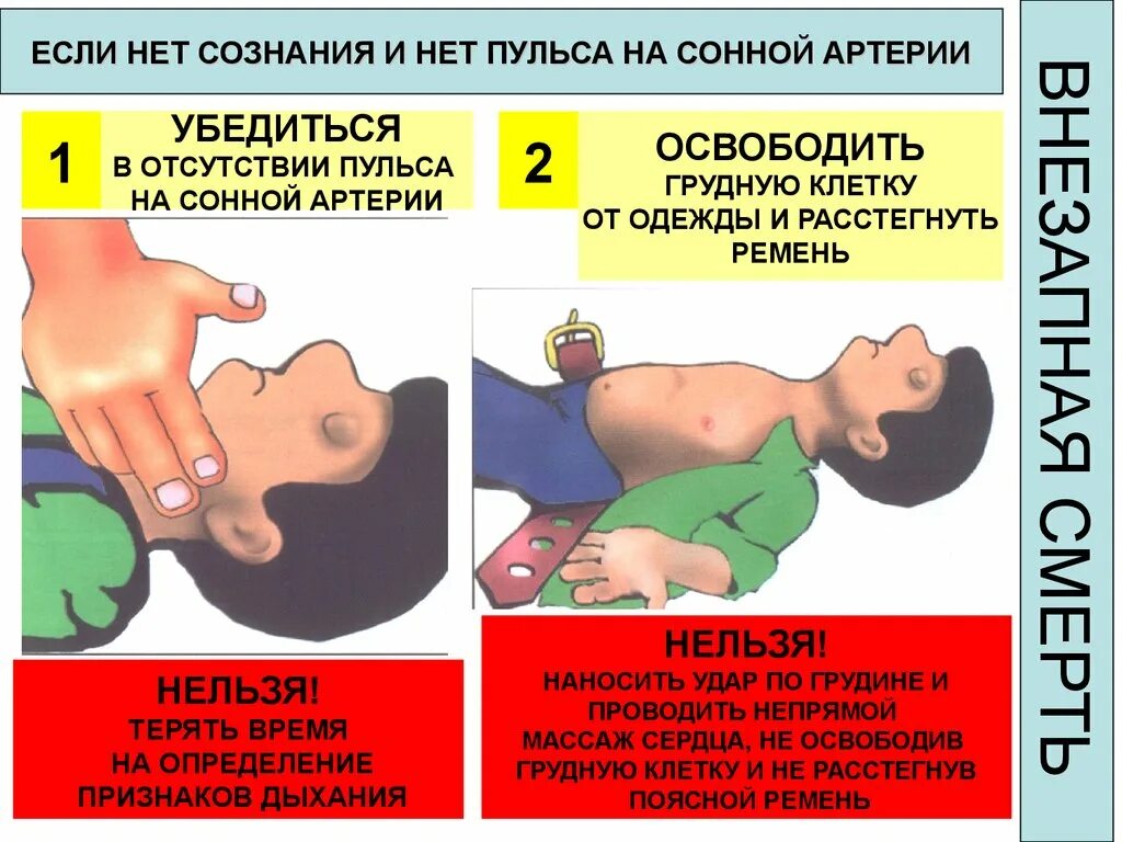 Повреждение причиненное ударом. Если нет сознания и нет пульса. Если нет сознания и пульса на сонной артерии. Если у пострадавшего нет сознания и пульса на сонной артерии.