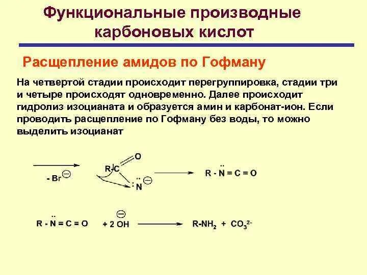Термическое разложение солей карбоновых кислот. Перегруппировка гофмана амидов. перегруппировка гофмана амидов механизм. функциональные производные карбоновых кислот амиды. расщепление амидов по гофману механизм.